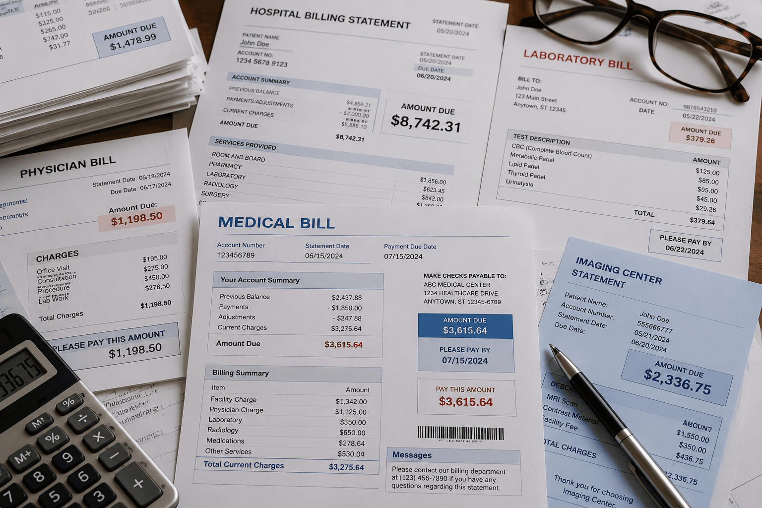 medical bills with costs displayed on paper