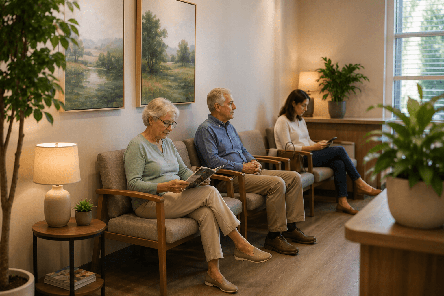 patients filling out forms in hospital waiting room