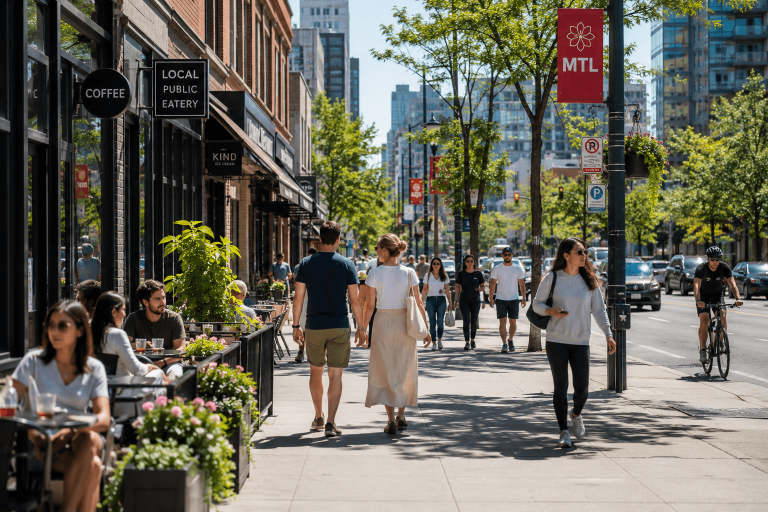 Canadian street with people sitting outside and walking on sidewalk