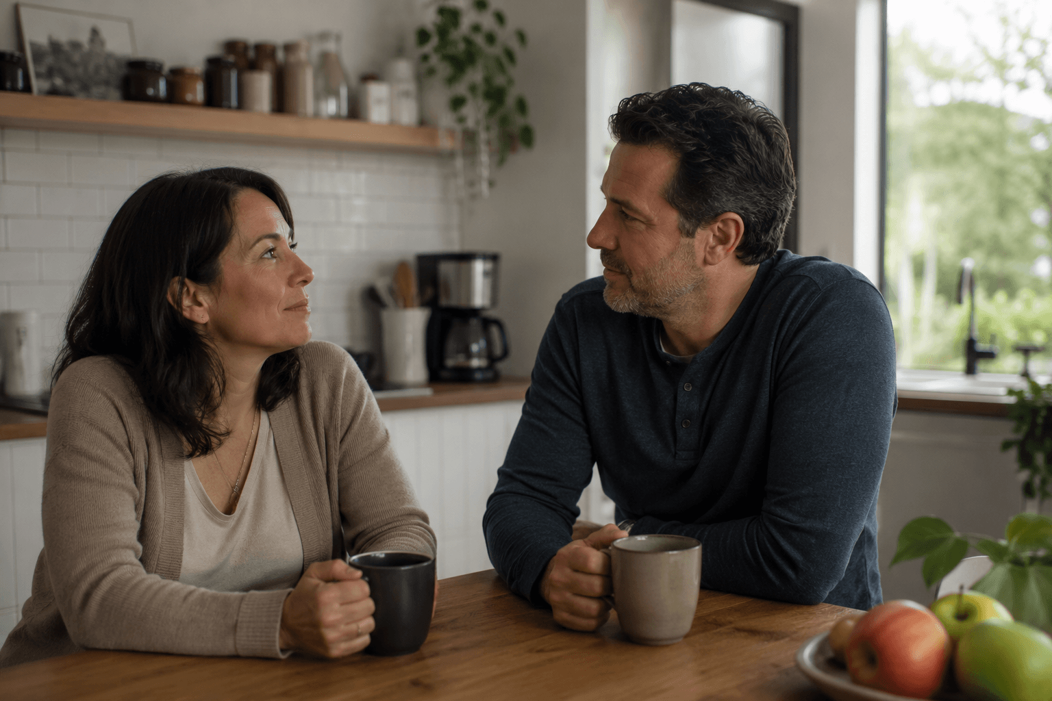 American couple sitting in their kitchen with cups of coffee on table