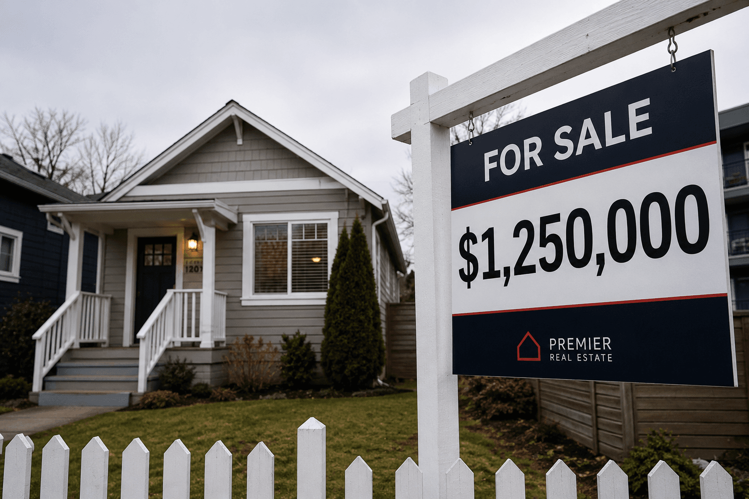 conservative house with for sale sign that reads $1,250,000