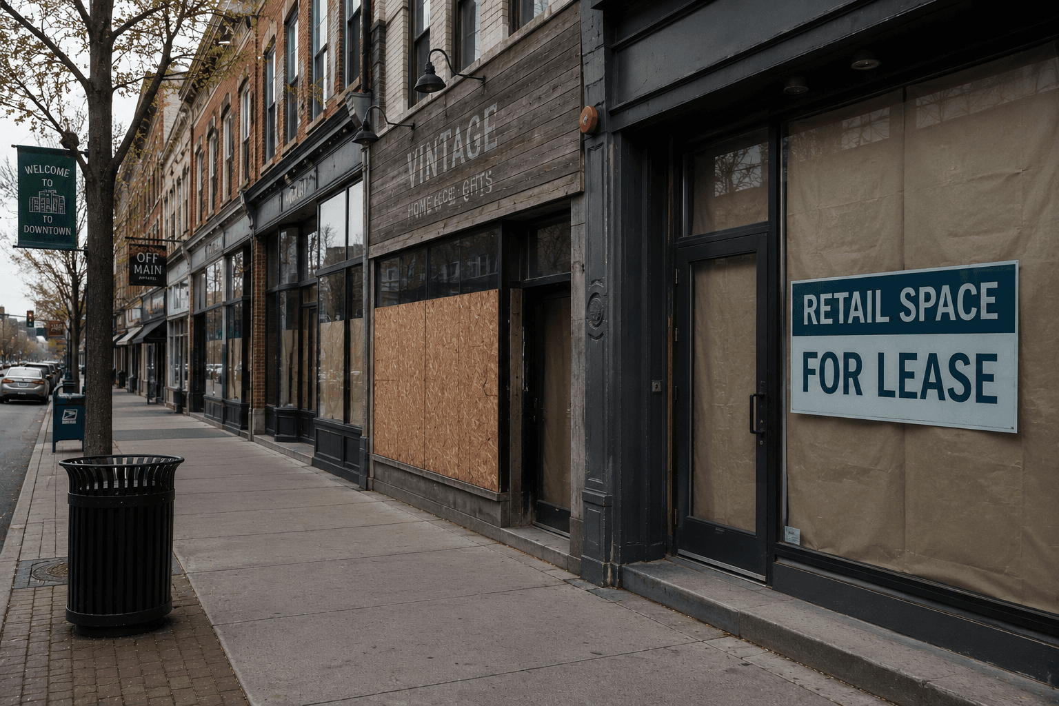 downtown street with shops boarded up