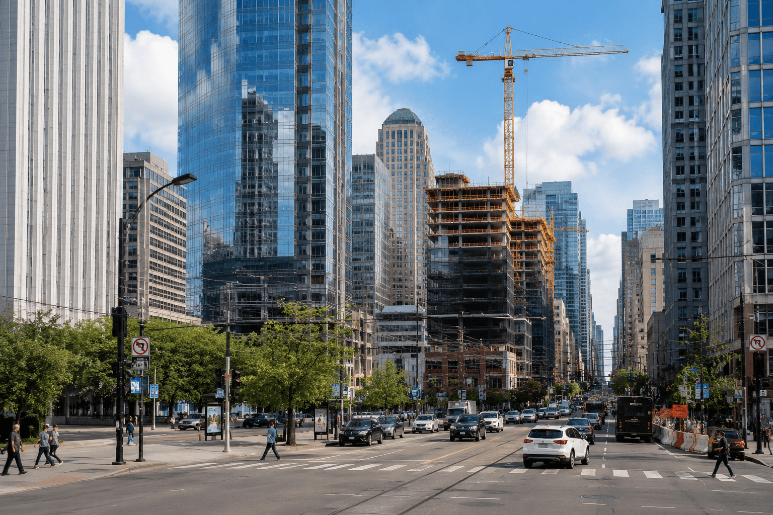 downtown city street with people walking around, cars driving and construction in the background