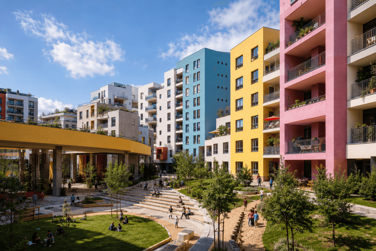 colorful public housing project with children playing in a courtyard covered in lush green space