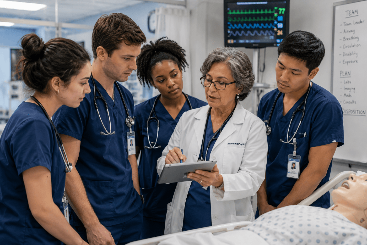 medical students learning from a professional doctor in a university hospital