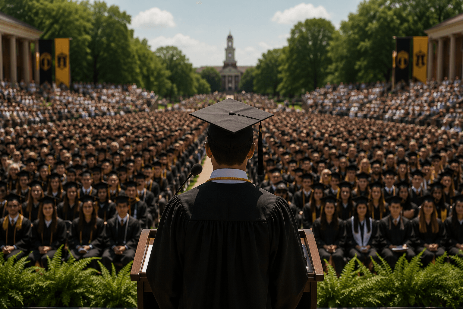 college graduation ceremony looking out into the crowd from podium