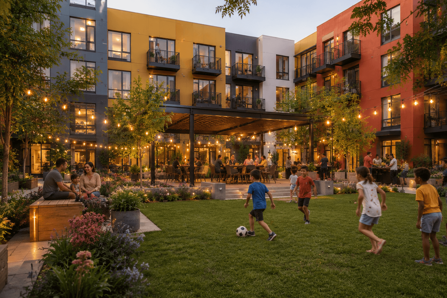 children playing and families gathering in a community courtyard