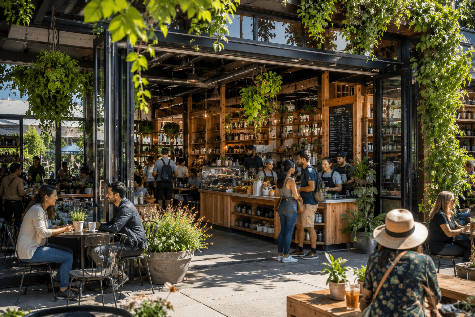 people enjoying an outdoor patio area of a local shop